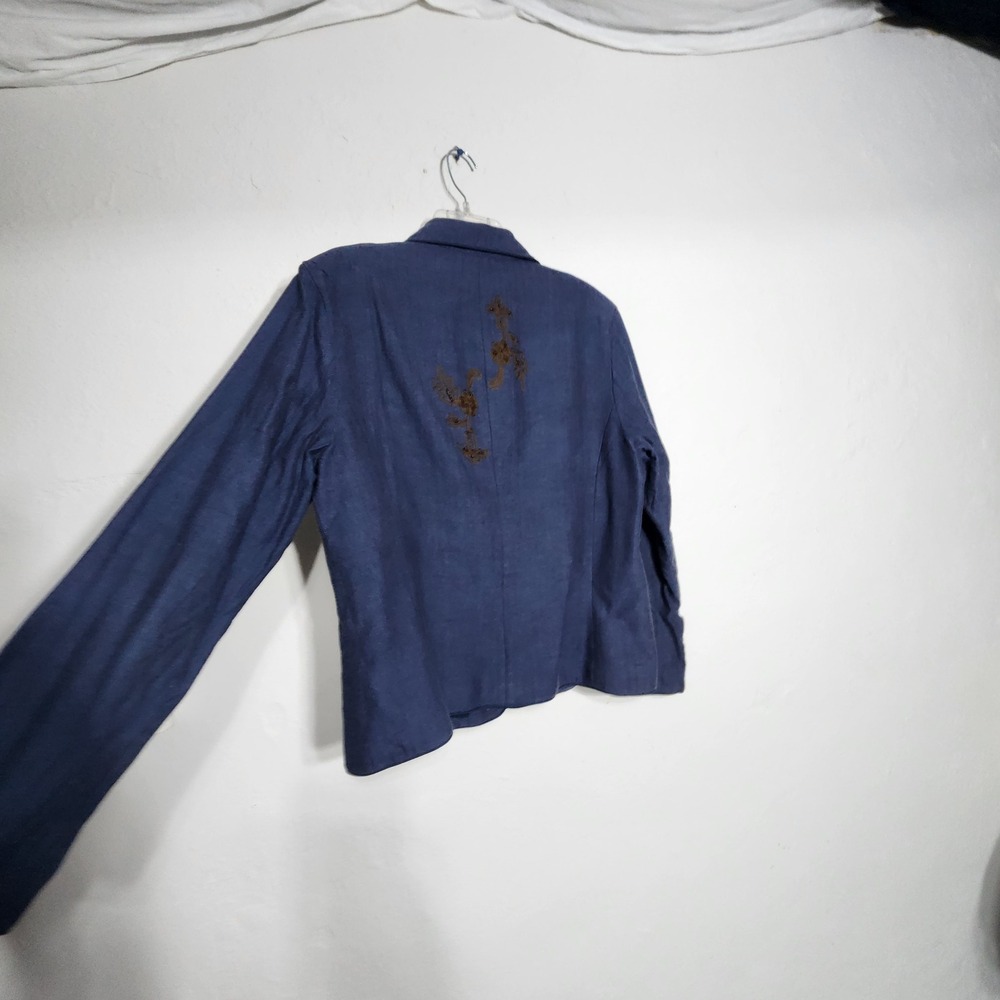 Coldwater Creek Blazer L Blue Bronze Embroidered Beaded Cotton Herringbone - Picture 12 of 13